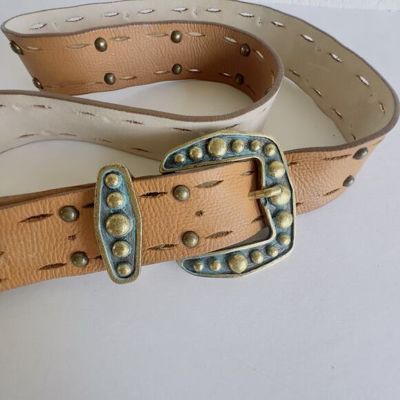 Leatherock USA Studded Leather Belt – Tan & Turquoise Western Cowgirl Statement - Picture 1 of 13